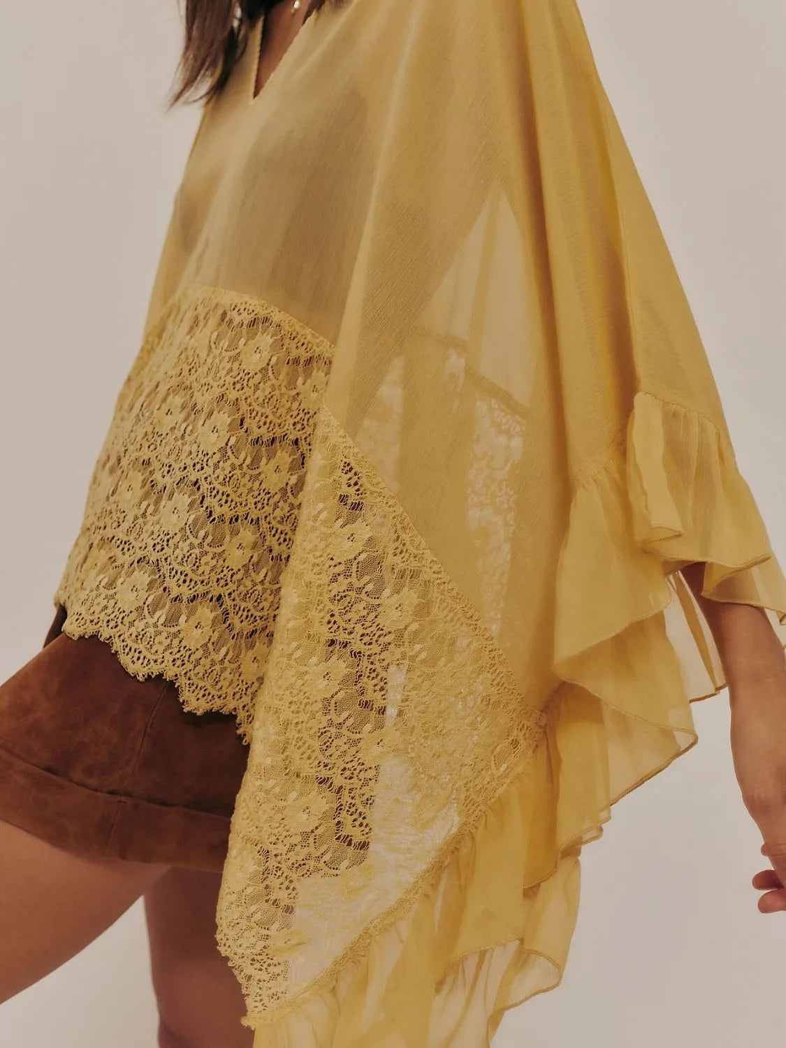 Lace V-Neck Ruffle Long Sleeve Cover-Up