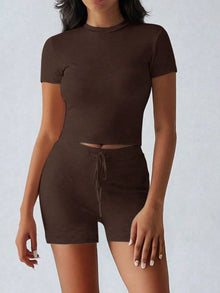 Round Neck Short Sleeve Top and Shorts Set
