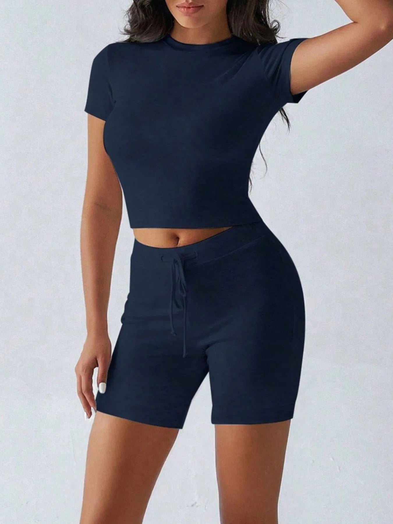 Round Neck Short Sleeve Top and Shorts Set