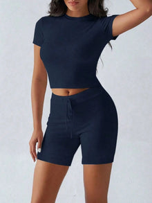 Round Neck Short Sleeve Top and Shorts Set