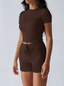 Round Neck Short Sleeve Top and Shorts Set
